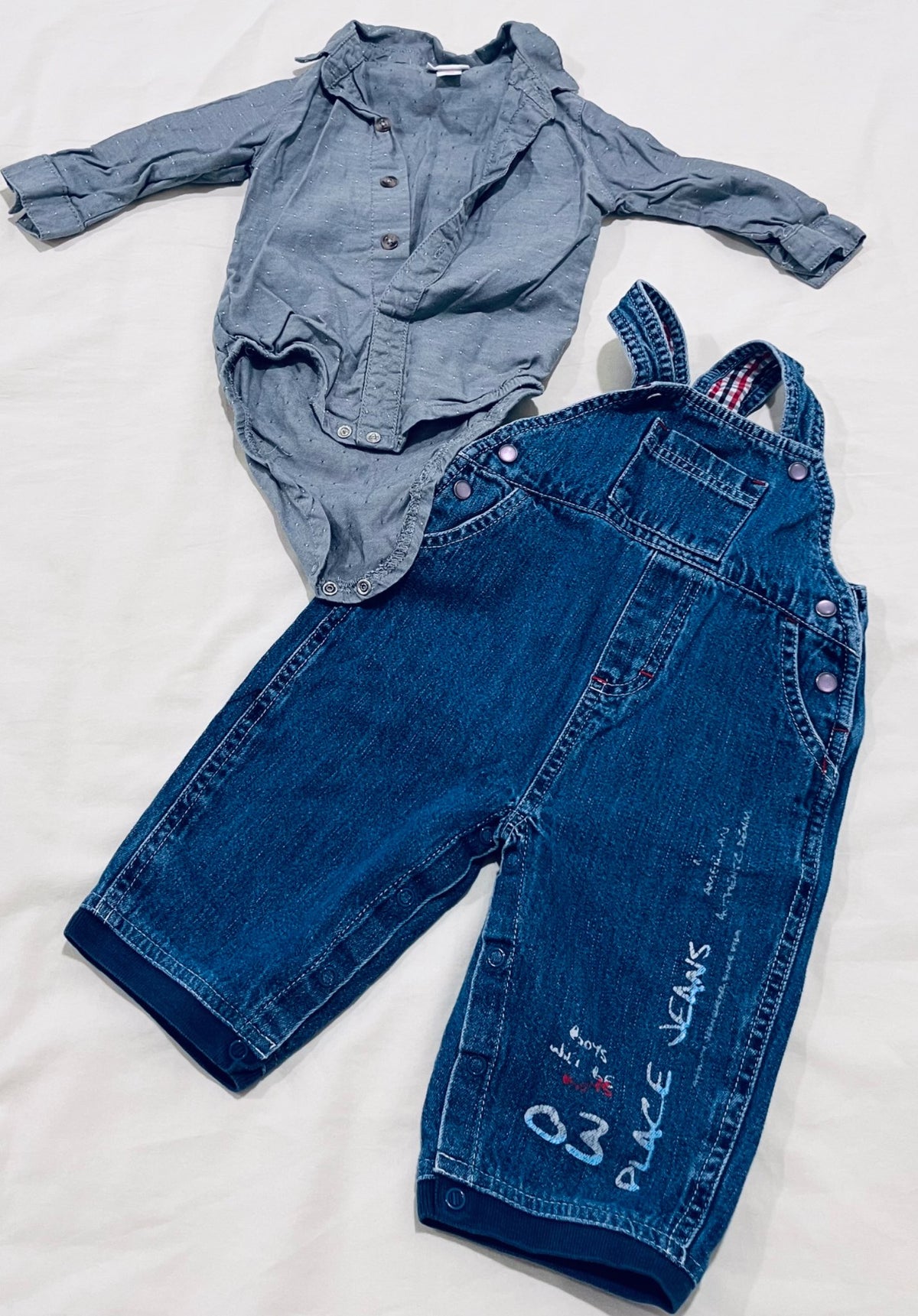 Long-sleeves polo diaper shirt and jean jumper combo 6-9 months, Kids 9 Month (6-9M)