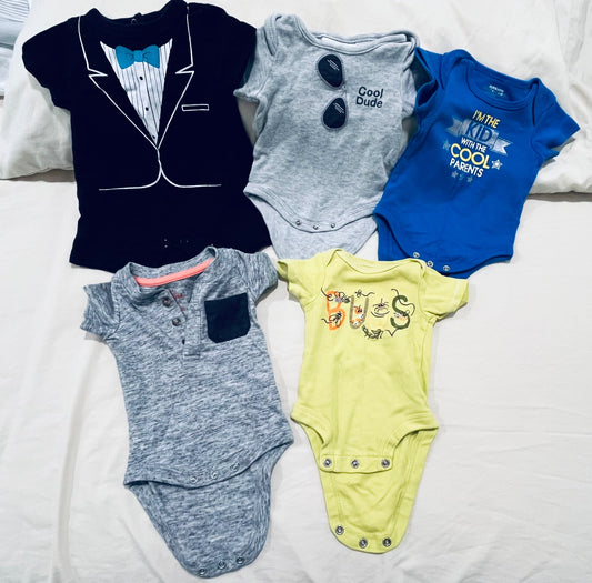 Newborn 5-pack diaper shirts with fun designs (assorted brands)
