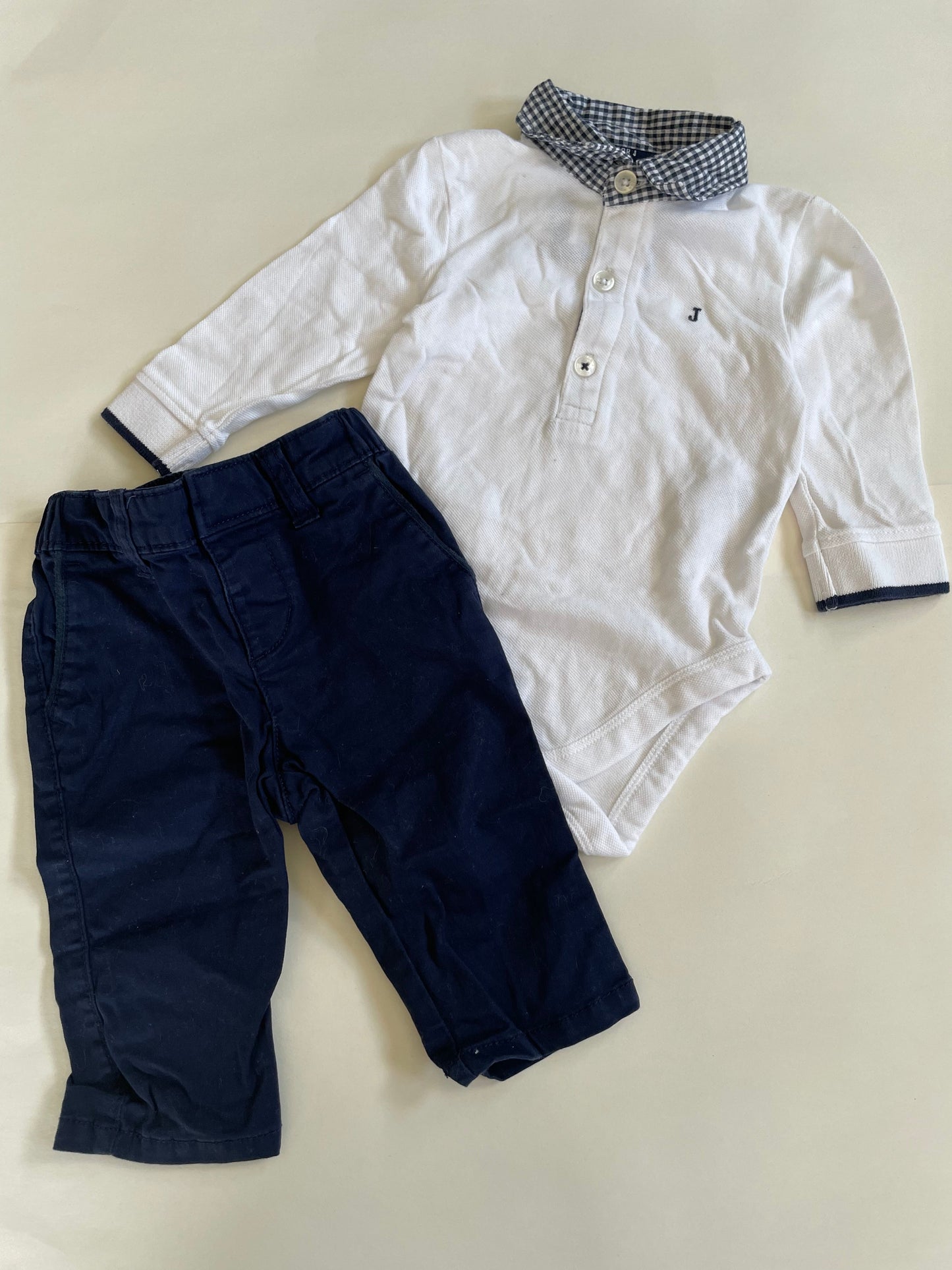 Little boy’s dressy outfit, white and blue collared shirt, blue khakis, 3-6 months, Kids 6 Month (3-6M)