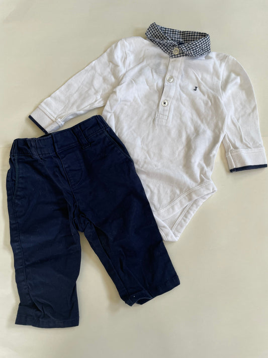 Little boy’s dressy outfit, white and blue collared shirt, blue khakis, 3-6 months, Kids 6 Month (3-6M)