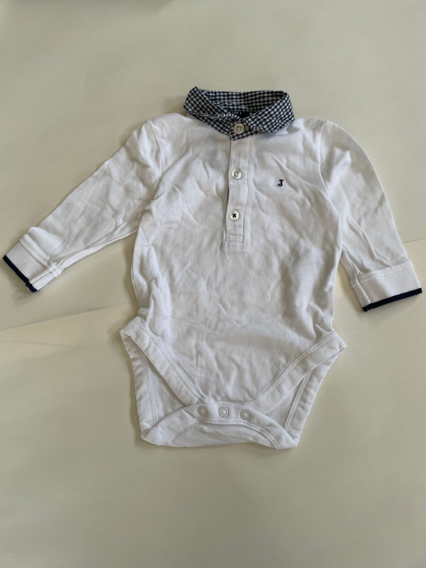 Little boy’s dressy outfit, white and blue collared shirt, blue khakis, 3-6 months, Kids 6 Month (3-6M)