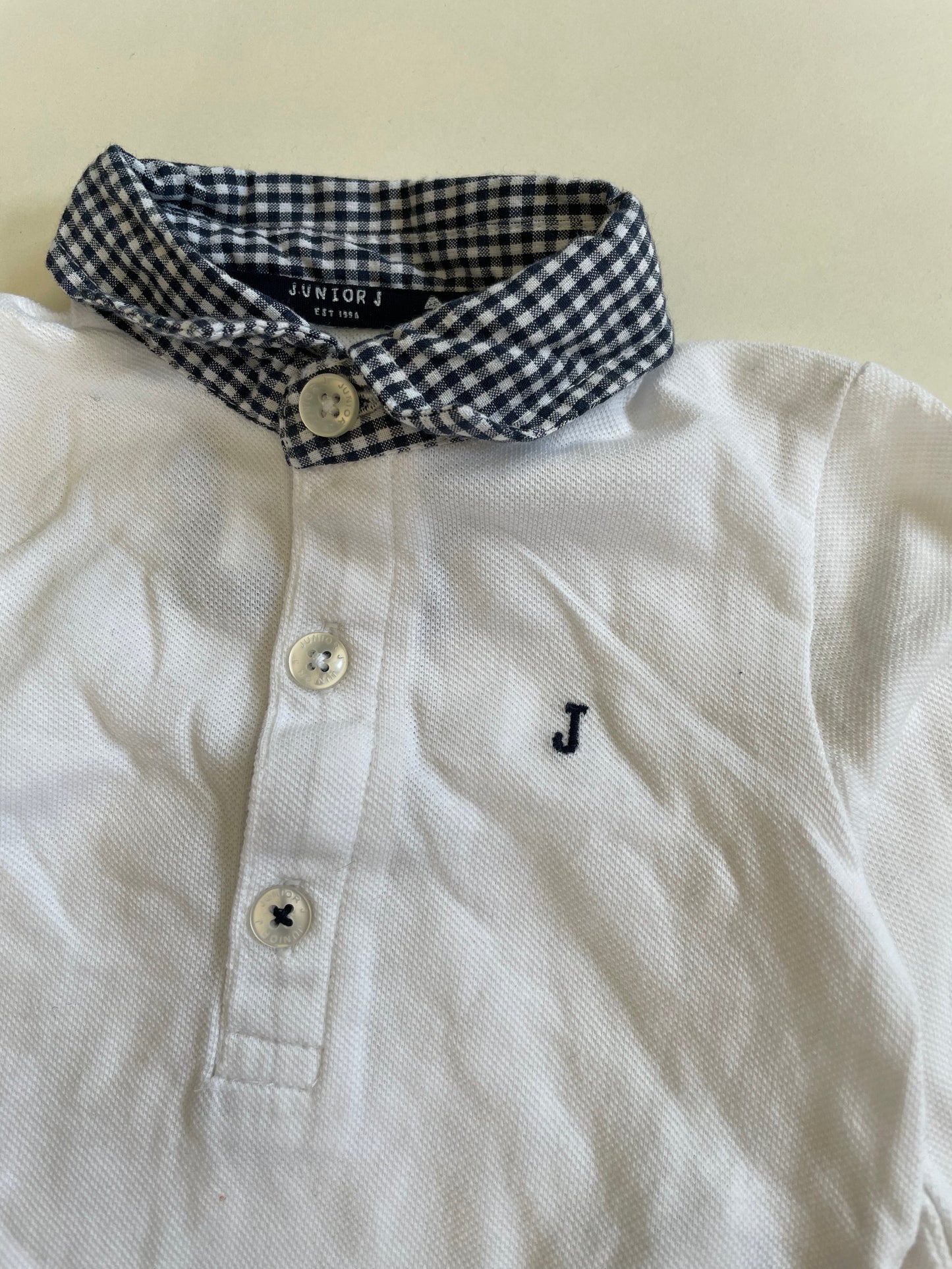 Little boy’s dressy outfit, white and blue collared shirt, blue khakis, 3-6 months, Kids 6 Month (3-6M)