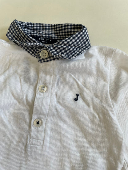 Little boy’s dressy outfit, white and blue collared shirt, blue khakis, 3-6 months, Kids 6 Month (3-6M)