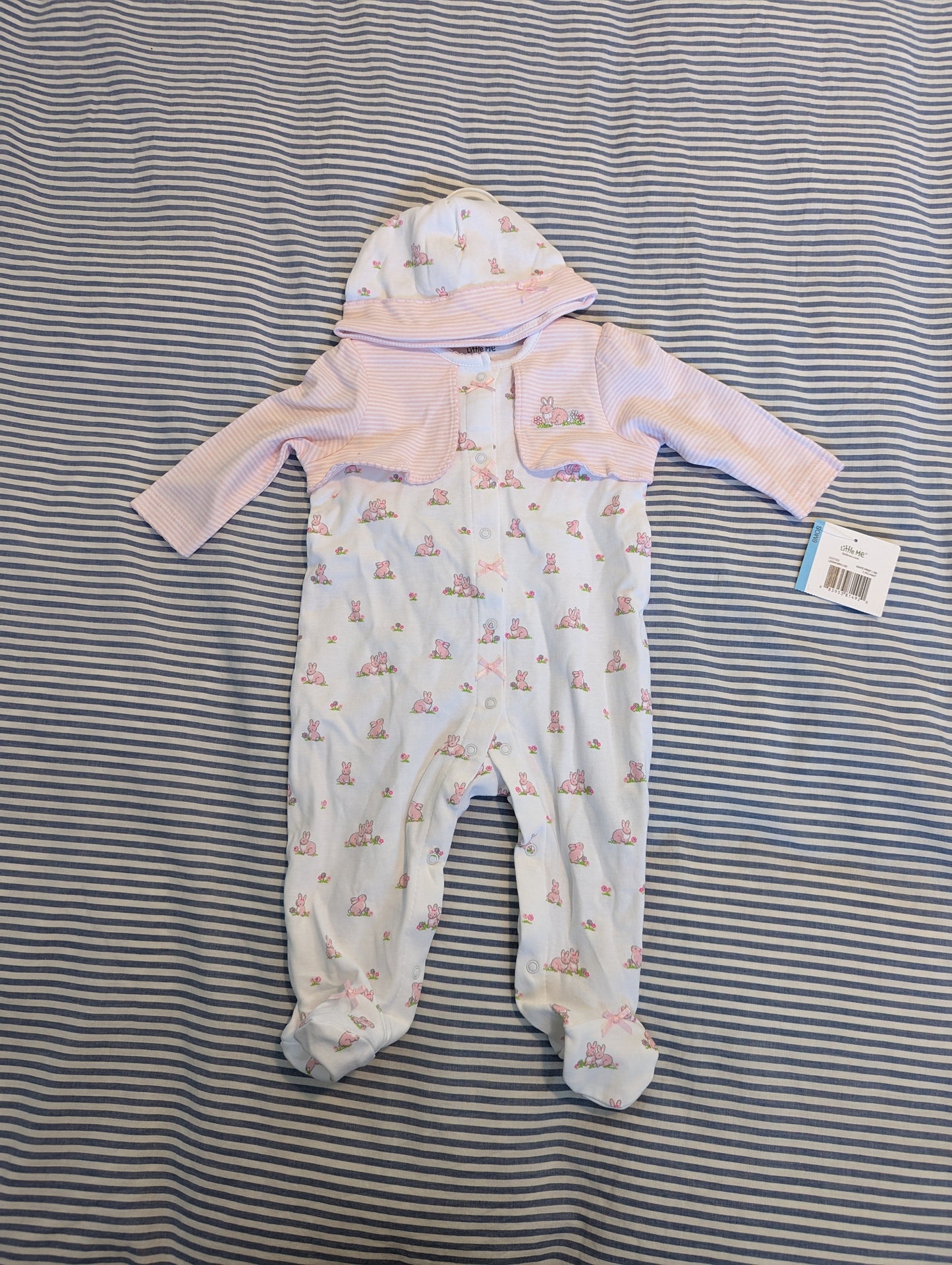 Little Me White & Pink Footed One-piece with Matching Hat, New, 6M