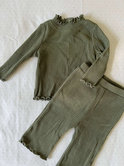 Old Navy Olive Green Two Piece Soft Ribbed Outfit - 0-3 months, Kids 3 Month (0-3M)