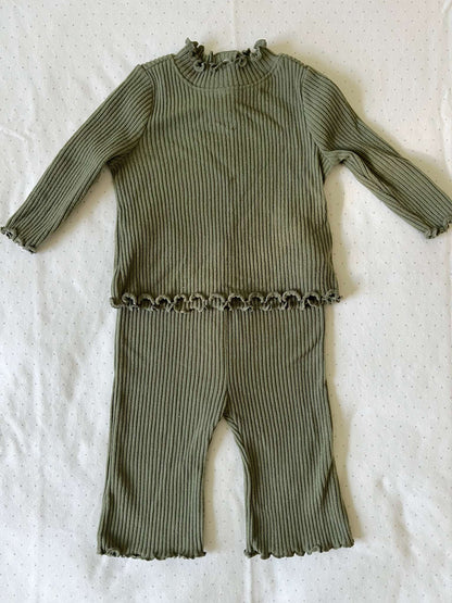 Old Navy Olive Green Two Piece Soft Ribbed Outfit - 0-3 months, Kids 3 Month (0-3M)