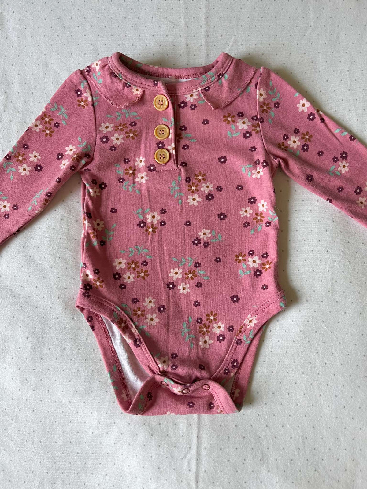 Minibean Long Sleeve Flora Onesie with Button Collar - Baby Girl 0-3 months, Kids 3 Month (0-3M)