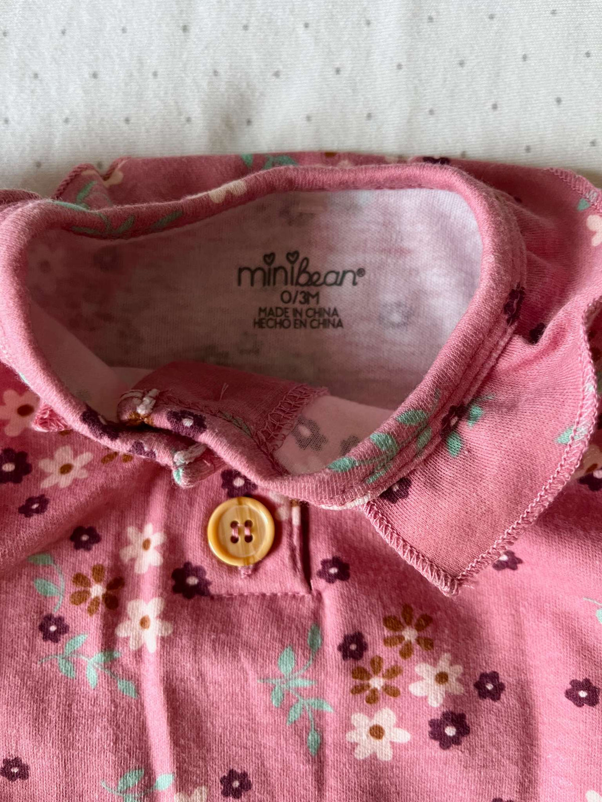 Minibean Long Sleeve Flora Onesie with Button Collar - Baby Girl 0-3 months, Kids 3 Month (0-3M)