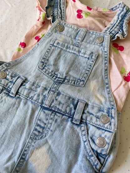 George Two Piece Acid Wash Jean Shorts and Cherry Tee - Baby Girl 3-6 months, Kids 6 Month (3-6M)