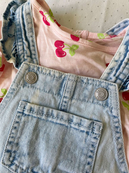 George Two Piece Acid Wash Jean Shorts and Cherry Tee - Baby Girl 3-6 months, Kids 6 Month (3-6M)