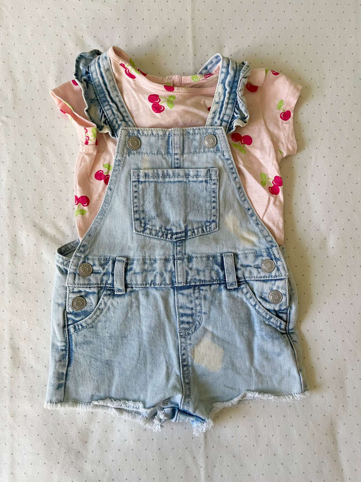 George Two Piece Acid Wash Jean Shorts and Cherry Tee - Baby Girl 3-6 months, Kids 6 Month (3-6M)