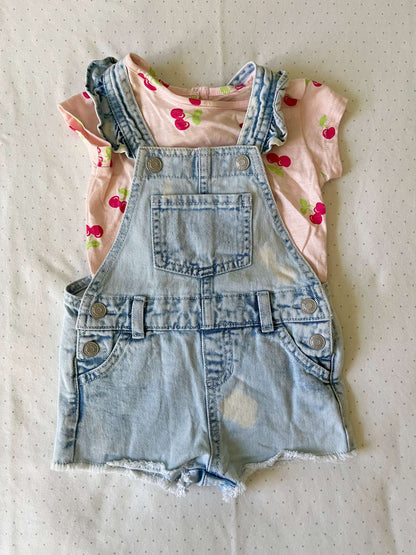 George Two Piece Acid Wash Jean Shorts and Cherry Tee - Baby Girl 3-6 months, Kids 6 Month (3-6M)