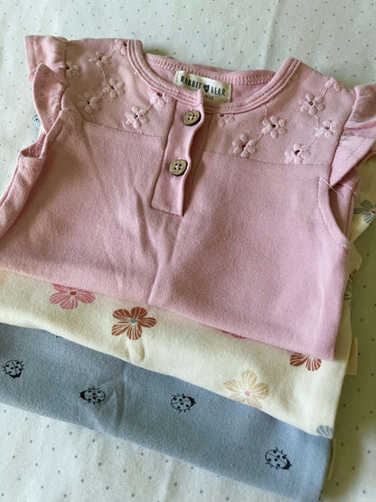 Rabbit + Bear Organic Set of 3 Cotton Onesies - Baby Girl 6-9 months, Kids 9 Month (6-9M)