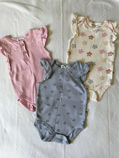 Rabbit + Bear Organic Set of 3 Cotton Onesies - Baby Girl 6-9 months, Kids 9 Month (6-9M)