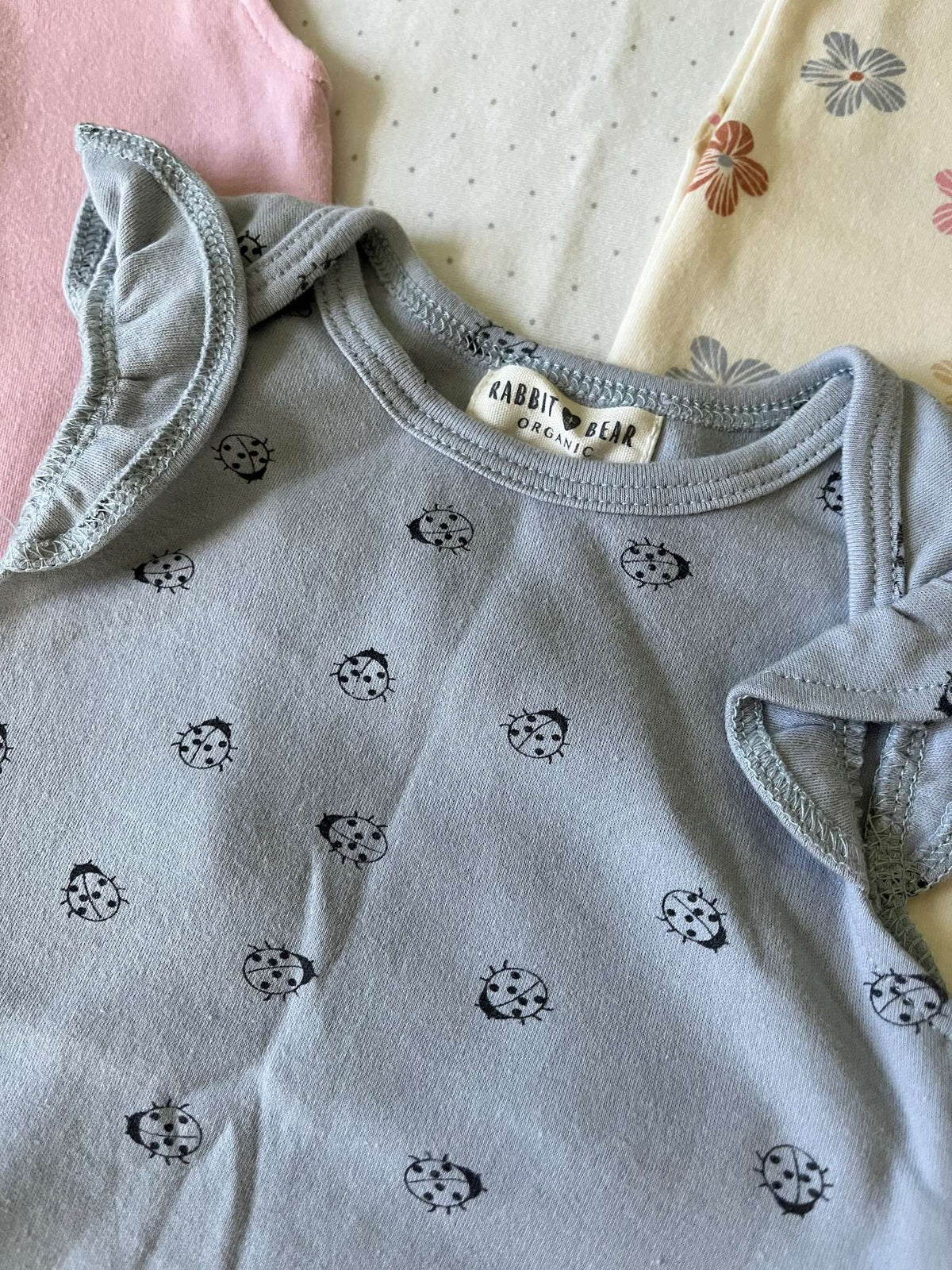 Rabbit + Bear Organic Set of 3 Cotton Onesies - Baby Girl 6-9 months, Kids 9 Month (6-9M)