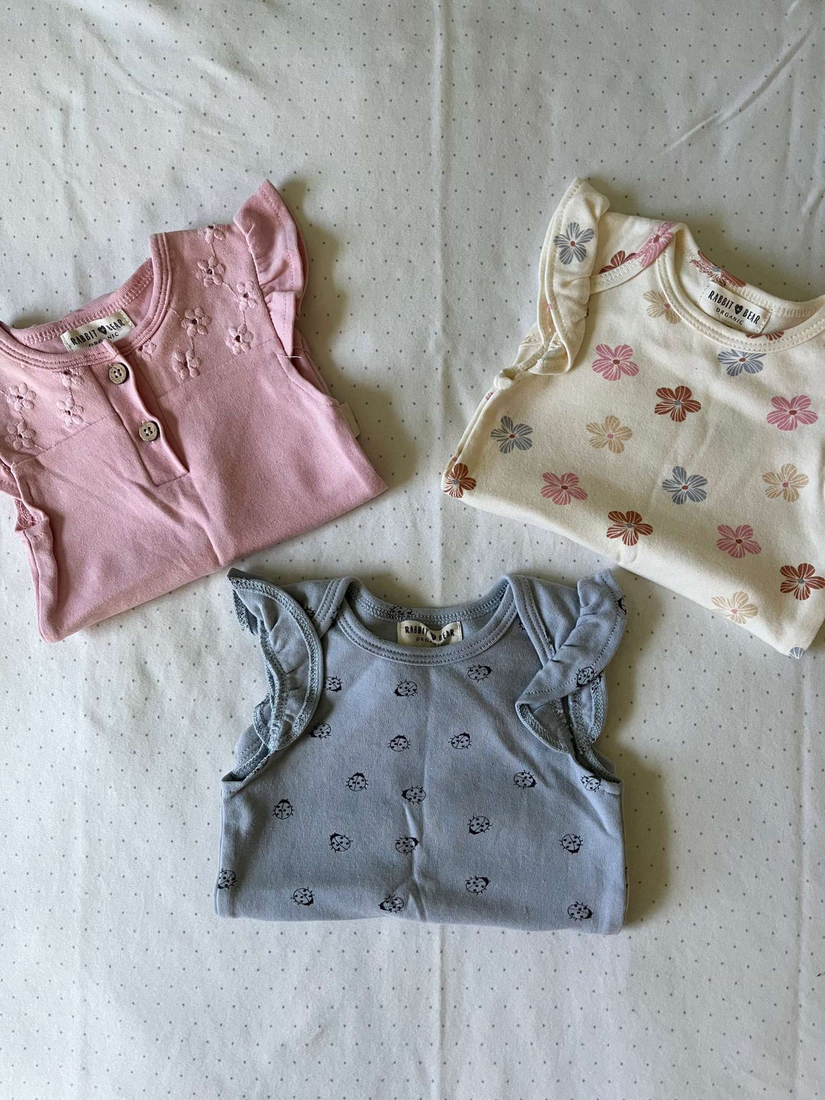 Rabbit + Bear Organic Set of 3 Cotton Onesies - Baby Girl 6-9 months, Kids 9 Month (6-9M)