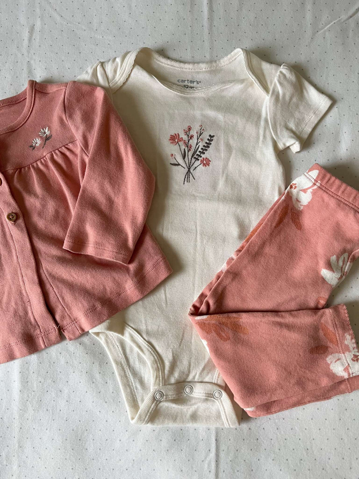 Carter's Three Piece Peach Floral Embroidered Set - Baby Girl 12 months, Kids 12 Month (9-12M)