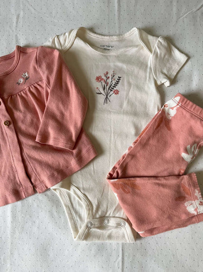 Carter's Three Piece Peach Floral Embroidered Set - Baby Girl 12 months, Kids 12 Month (9-12M)