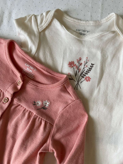 Carter's Three Piece Peach Floral Embroidered Set - Baby Girl 12 months, Kids 12 Month (9-12M)