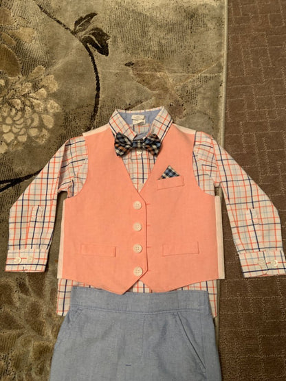 Starting out  18 M 4 pc blue and orange suit including long sleeve dress shirt, vest, pants and bow tie, Kids 18 Month (12-18M)