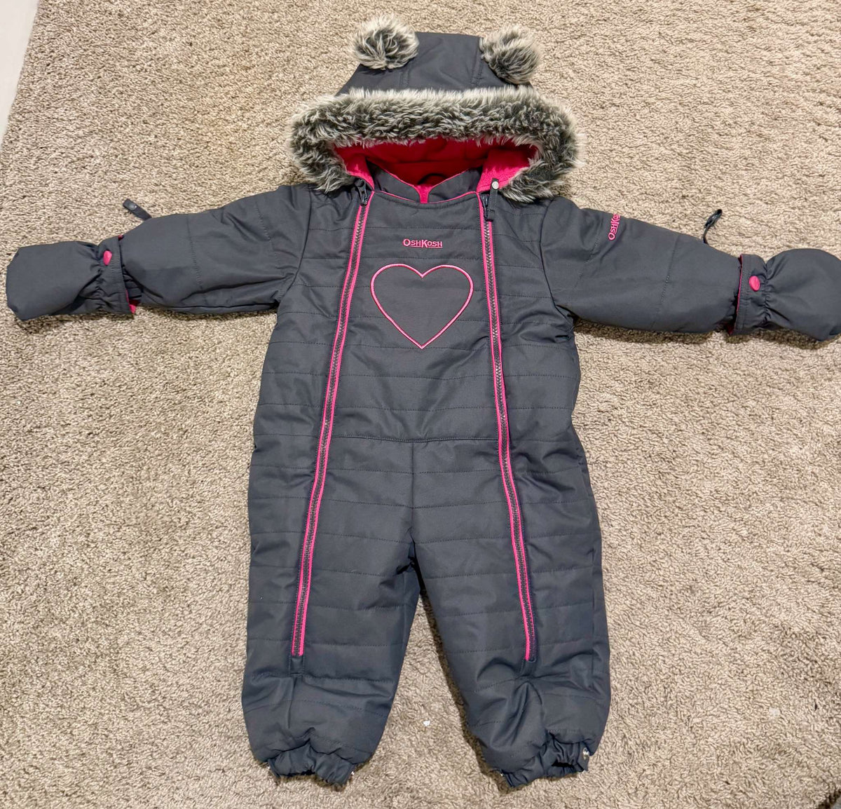 OshKosh B'gosh charcoal grey and pink 1-piece baby snowsuit, Kids 12 Month (9-12M)