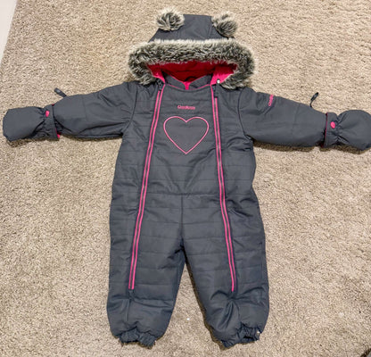 OshKosh B'gosh charcoal grey and pink 1-piece baby snowsuit, Kids 12 Month (9-12M)