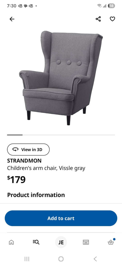 IKEA Strandmon Grey Childrens Arm Chair - MSRP $179