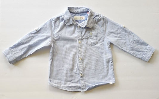 Zara, blue check button up shirt, 12-18 months, EUC