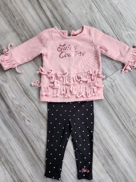 Used 2 piece baby girl outfit size 18MTHS, pink sweatshirt with black with white hearts leggings , Kids 18 Month (12-18M)