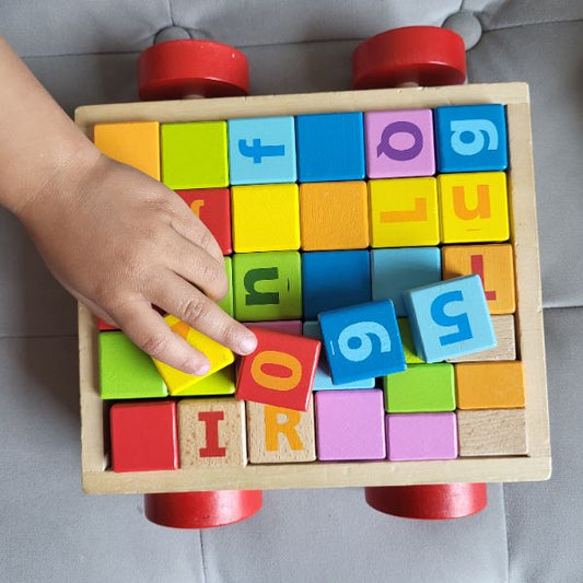 Hape Alphabet + Number Blocks + Melissa & Doug Wood Tray Wagon