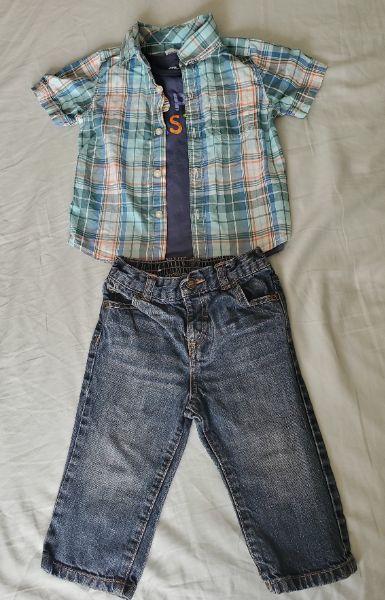 Collared shirt, Easter Short Sleeve Onesie, Denim Jeans Bundle, Size 12 - 18 Months, Kids 18 Month (12-18M)