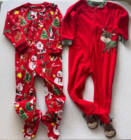 Two Pair Christmas Footie Pajamas, Size 3, Kids 3T