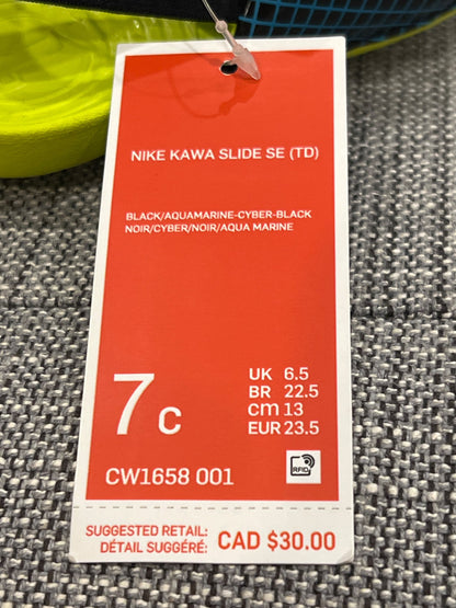 Nike Kawa Slide, Black/Aquamarine-Cyber-Black, size 7c, NWT, MSRP $30, Shoes 7 (Walkers:12-24 mth)