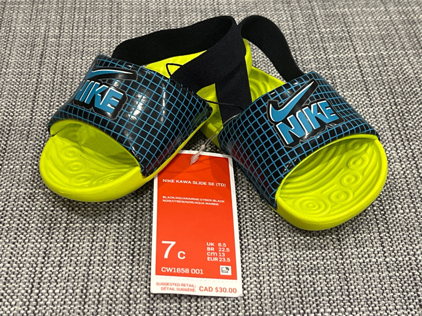 Nike Kawa Slide, Black/Aquamarine-Cyber-Black, size 7c, NWT, MSRP $30, Shoes 7 (Walkers:12-24 mth)
