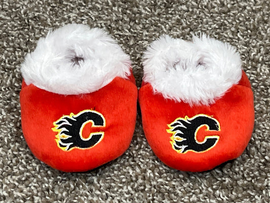 Baby Calgary Flames Slippers with black grip dot soft soles, approx. size 2, EUC, Shoes 2 (Baby: 0-12 mth)