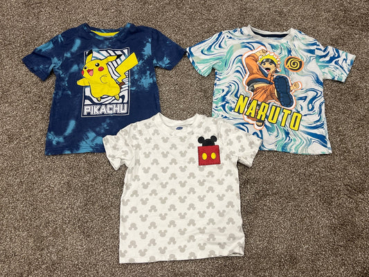 Bundle of 3 T-shirts, Pokémon, Naruto and Mickey Mouse, size 4/5, VGUC, Kids 4/4T