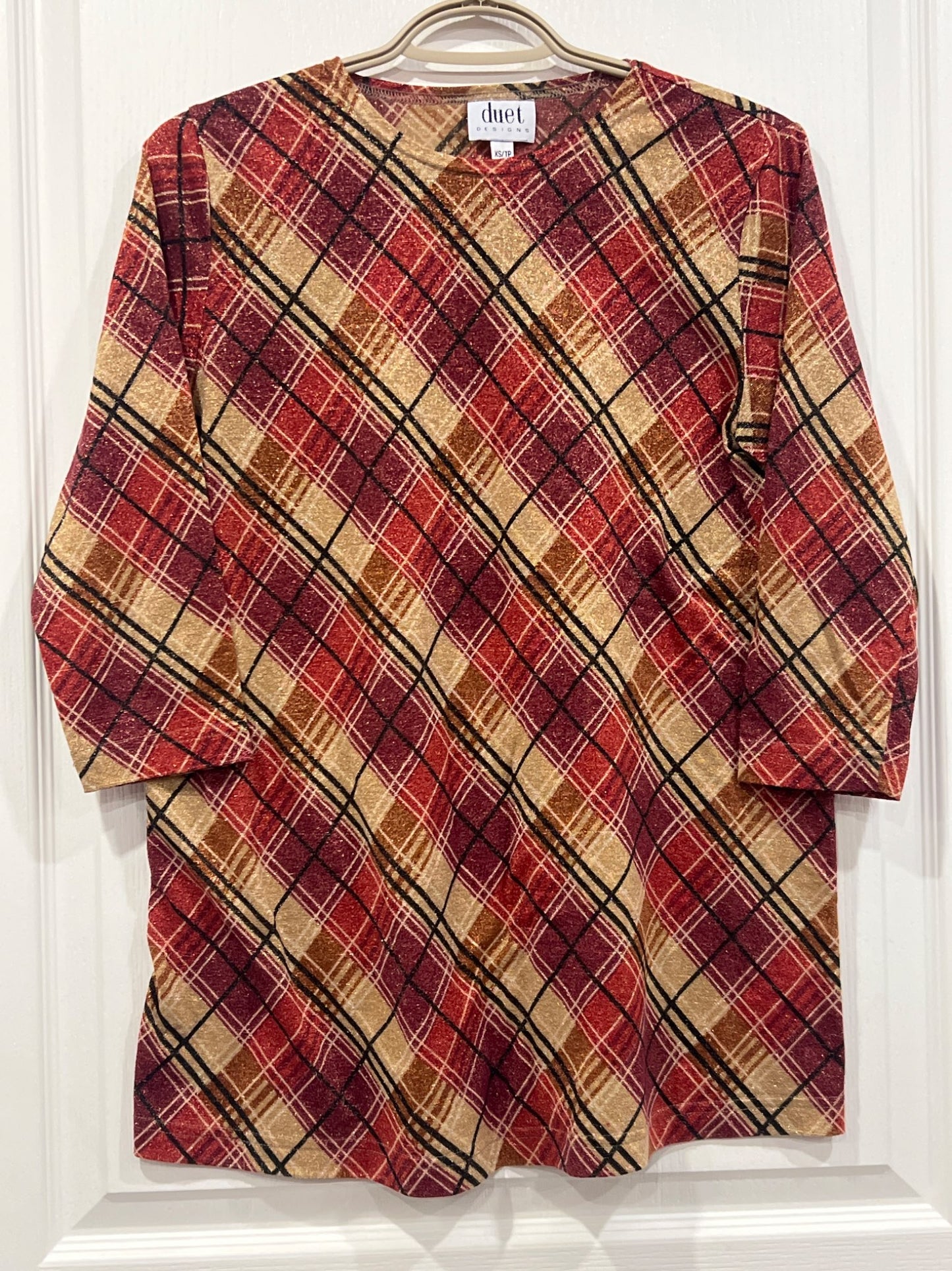 Duet Designs, Shimmery, red/tan/brown top with 3/4 length sleeves, size X-Small, VGUC , Maternity XS (0-2)