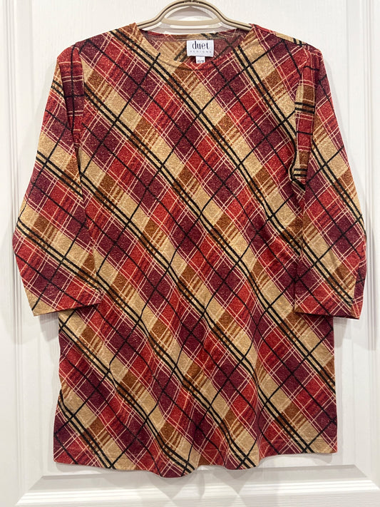 Duet Designs, Shimmery, red/tan/brown top with 3/4 length sleeves, size X-Small, VGUC , Maternity XS (0-2)