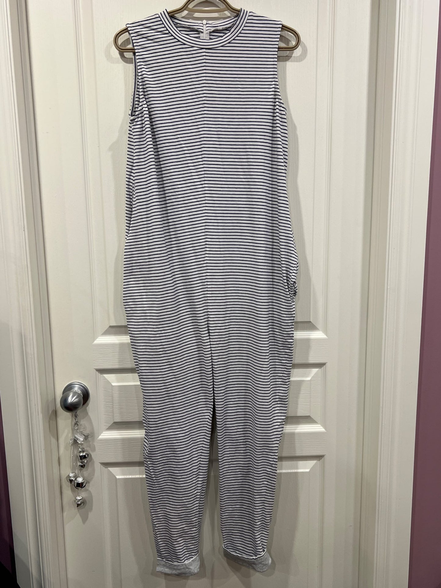 Legoe Maternity brand, Pre- and Post-Partum sleeveless Jumpsuit/Romper, white with black stripes, Approx. size Small, VGUC , Maternity S (4-6)