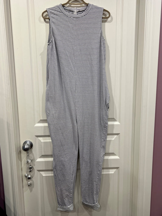 Legoe Maternity brand, Pre- and Post-Partum sleeveless Jumpsuit/Romper, white with black stripes, Approx. size Small, VGUC , Maternity S (4-6)