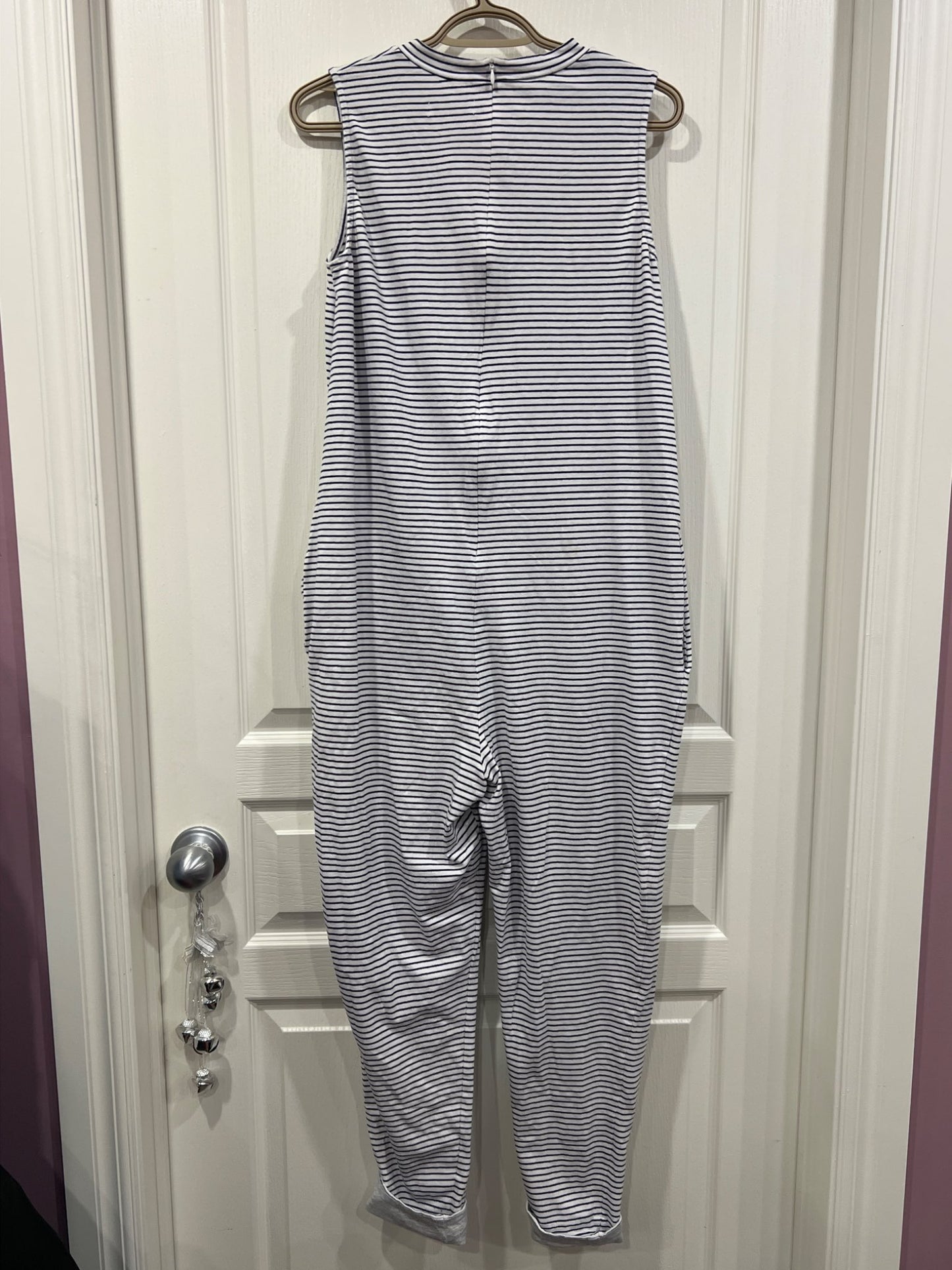 Legoe Maternity brand, Pre- and Post-Partum sleeveless Jumpsuit/Romper, white with black stripes, Approx. size Small, VGUC , Maternity S (4-6)