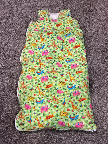 Kangapouch Down Sleep Sack, Green Animal Print, 36" length, size Small Tall, VGUC, Current MSRP ~$243. Made in Canada., 12-18 Months (Large)