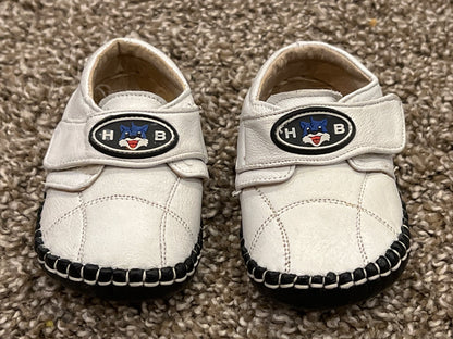 HB Baby brand, White velcro with black leather soft-sole crib shoes, roughly size 3, VGUC, Shoes 3 (Baby: 0-12 mth)