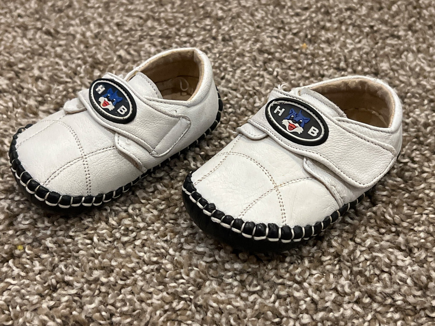 HB Baby brand, White velcro with black leather soft-sole crib shoes, roughly size 3, VGUC, Shoes 3 (Baby: 0-12 mth)