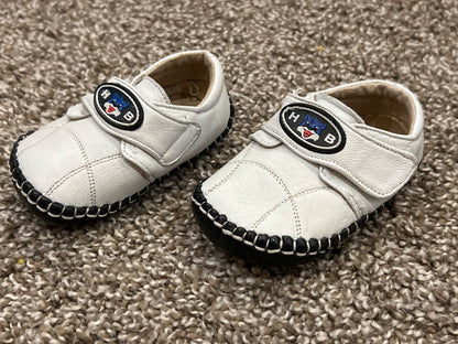 HB Baby brand, White velcro with black leather soft-sole crib shoes, roughly size 3, VGUC, Shoes 3 (Baby: 0-12 mth)