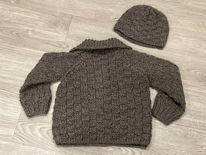 Brown handmade knit sweater set, includes button-up sweater and beanie toque hat, VGUC, Kids 2T