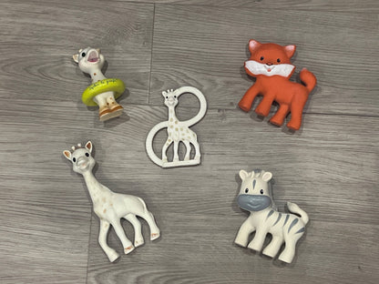 Bundle of Soft Squeaky Toys, Sofie la girafe (x3) and Infantino (x2) VGUC, MSRP for the bundle ~ $111