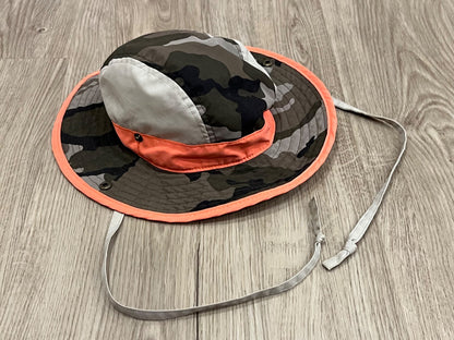 Brown Camouflage Camo Brimmed Sun Hat with Florescent Orange accents, size 3-4 yrs, VGUC