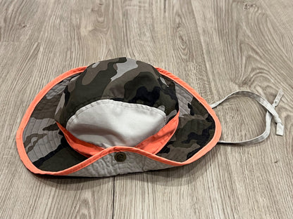 Brown Camouflage Camo Brimmed Sun Hat with Florescent Orange accents, size 3-4 yrs, VGUC