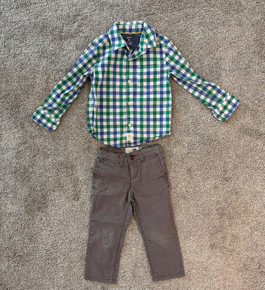 3T boy's autumn outfit - Carter's plaid shirt + Old Navy Pants